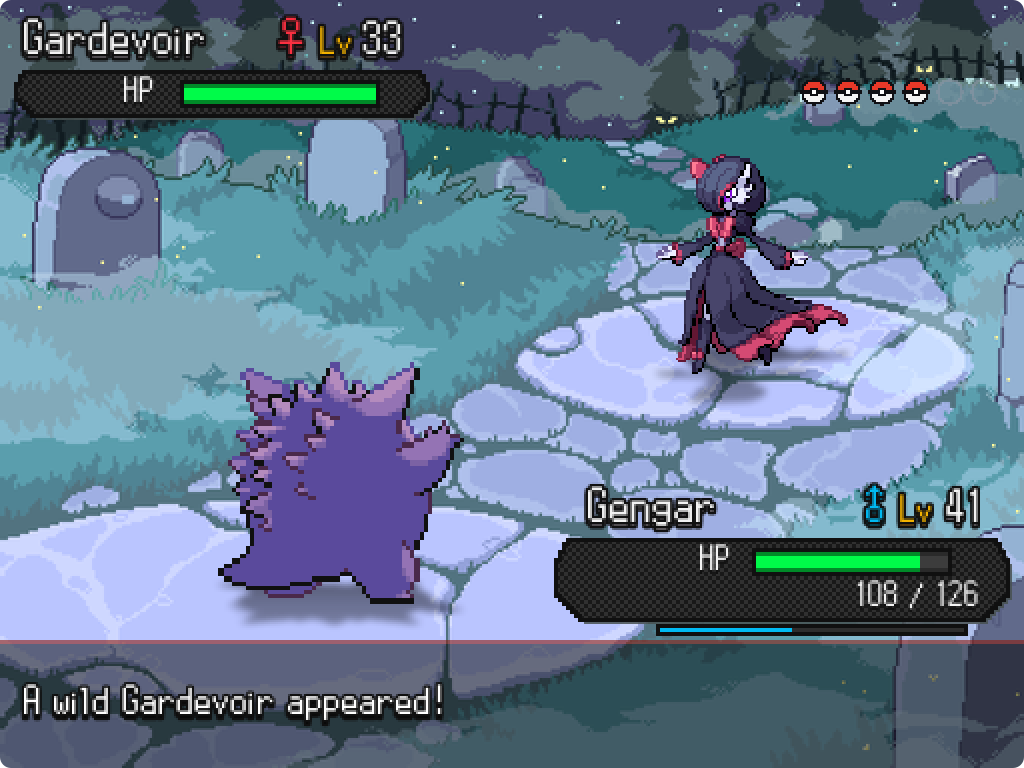 A battle in the night cemetery: a wild Gardevoir in a black and red Halloween costume, facing a Gengar