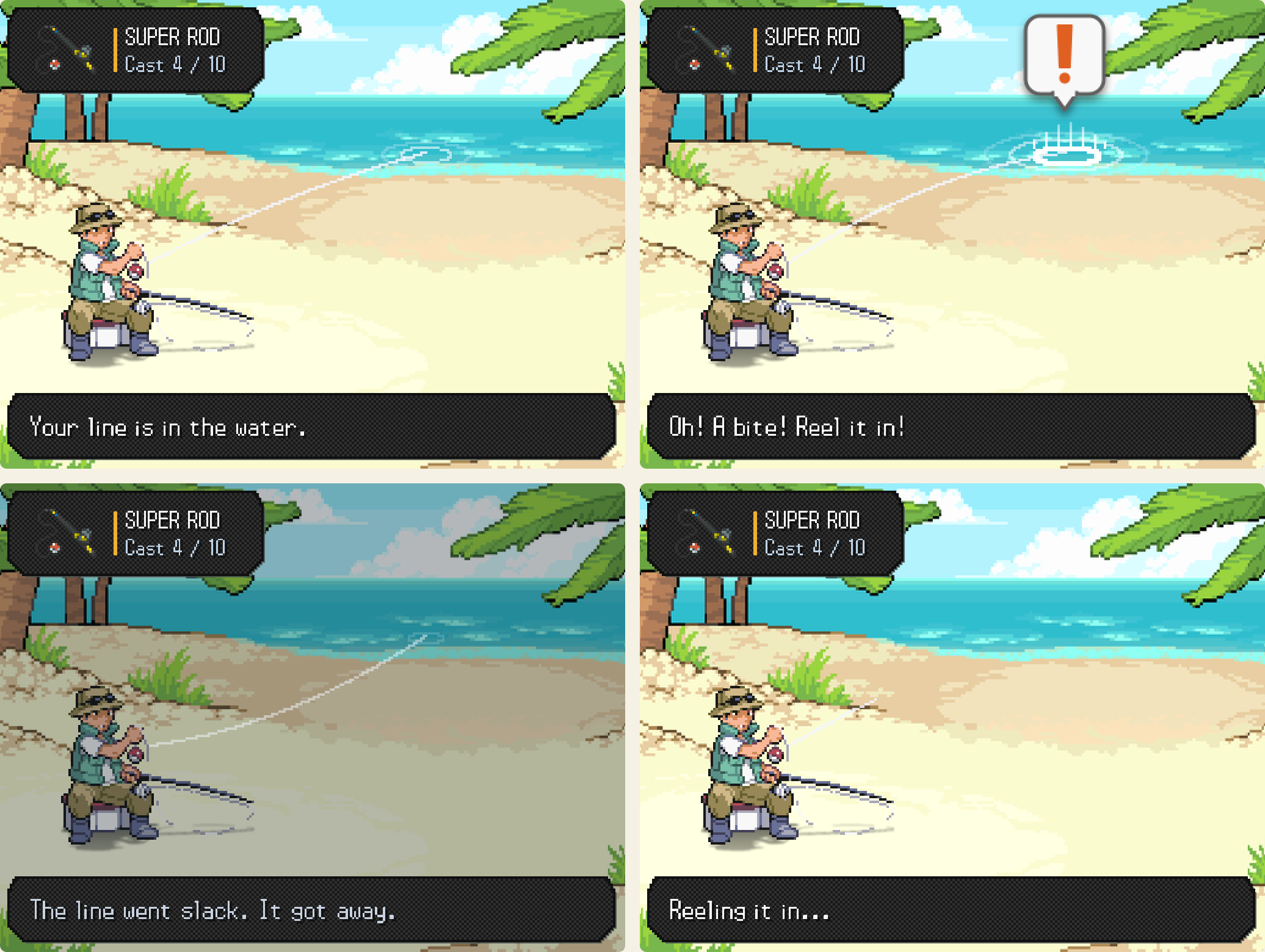 The Visual Overhaul. Almost every screen in the game is new!: Your line in the water, a bite, the one that got away, and reeling it in.