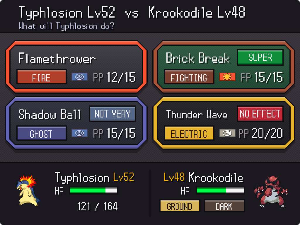 The Visual Overhaul. Almost every screen in the game is new!: Four moves up top, and how each one will land.