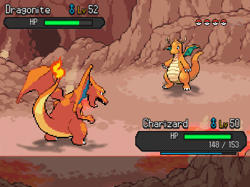 An animated battle turn: Charizard uses Dragon Claw on a wild Dragonite and its HP bar drains, with live dialogue