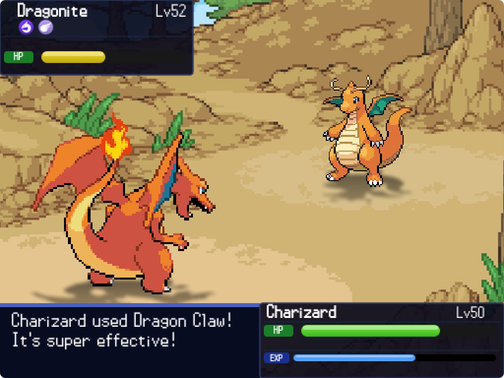 A rendered Pokémon battle: Charizard versus Dragonite with live HP bars and dialogue
