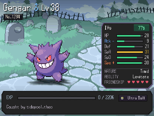 A Gengar info card showing IVs, nature, ability, friendship and EXP, its sprite animated in the graveyard where it was caught