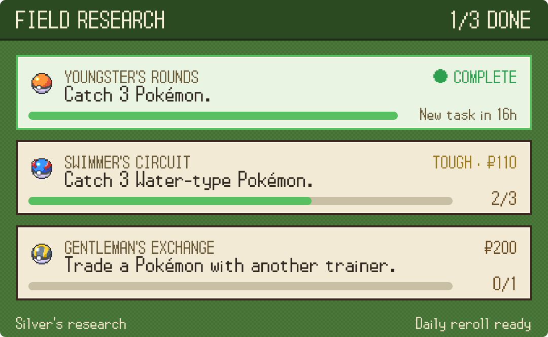 A Field Research slate: three tasks with progress bars, one complete, each paying out in coins