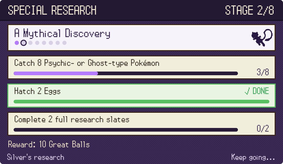 A Special Research chain called A Mythical Discovery, on stage 2 of 8, with a mythical Pokémon's silhouette and three tasks
